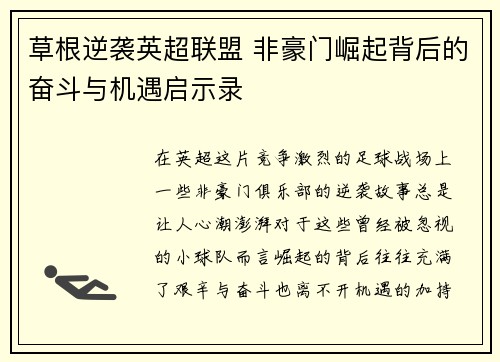 草根逆袭英超联盟 非豪门崛起背后的奋斗与机遇启示录