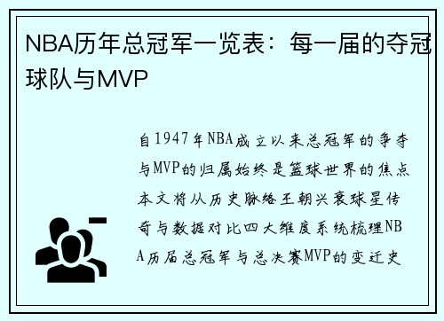NBA历年总冠军一览表：每一届的夺冠球队与MVP